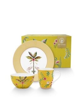 Pip-Studio-breakfast-set-ontbijtset-LA_MAJORELLE--Yellow-geel-Kraanvogel-Palmboom-bloemen-porselein-geel-goudkleurig-bloemen-51