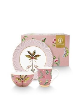 Pip-Studio-breakfast-set-ontbijtset-LA_MAJORELLE--Pink-roze-Kraanvogel-Palmboom-bloemen-porselein-geel-goudkleurig-bloemen-51.0