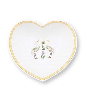 Pip-Studio-Baking-Dish-heart-large-LA_MAJORELLE-Pink-Kraanvogels-porselein-rand-geel-goudkleurig-bloemen-51.019.006