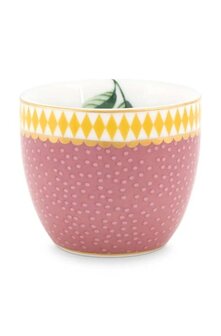 PIP-Studio-Egg-cup-LA-MAJORELLE-pink-roze-stipjes-rand-geel-goud-groen-blaadje-51.011.026