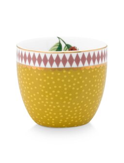 PIP-Studio-Egg-cup-LA-MAJORELLE-yellow-oker_geel-stipjes-rand-roze-goud-groen-blaadje-51.011.035