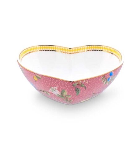 Pip-Studio-Baking-Dish-heart-Small-LA_MAJORELLE-Pink-porselein-bakvorm-gele-rand-goudkleurige-rand-bloemen-roze-blauw-51.019.00