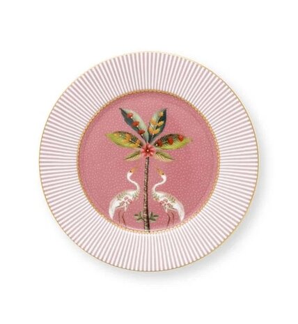 PIP-Studio-Plate-17cm-LA-MAJORELLE-pink-gebaksbordje-Palmboom-Kraanvogels-op-roze-achtergrond-gestreepte-rand-goud-accenten-51.