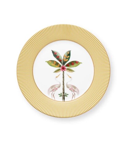 PIP-Studio-Plate-21cm-LA-MAJORELLE-Yellow-ontbijtbord-Palmboom-Kraanvogels-op-gele-achtergrond-gestreepte-rand-goud-accent-51.0