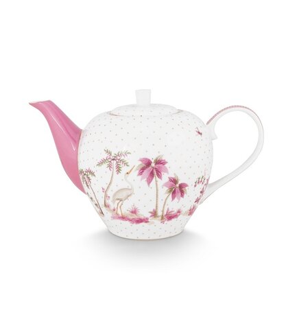 Pip-Studio-theepot-JOLIE-Pink-1600ml-porselein-roze-goudkleurig-bloemen-Palmbomen-51.005.085