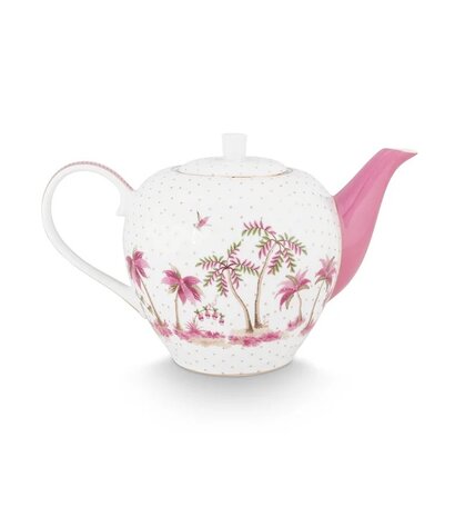 Pip-Studio-theepot-JOLIE-Pink-1600ml-porselein-roze-goudkleurig-bloemen-Palmbomen-51.005.085