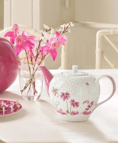 Pip-Studio-theepot-JOLIE-Pink-1600ml-porselein-roze-goudkleurig-bloemen-Palmbomen-51.005.085