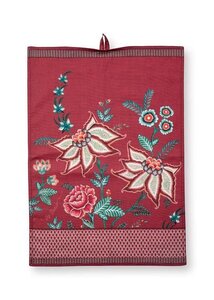 PIP Studio Theedoek FLOWER FESTIVAL Dark Pink 50x70cm 100% katoen bloemen donker roze en rood