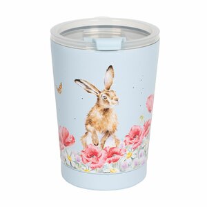 Wrendale Designs FIELD OF FLOWERS Hare Thermal Travel Mug lichtblauwe reisbeker 0,32L bosdieren Haas