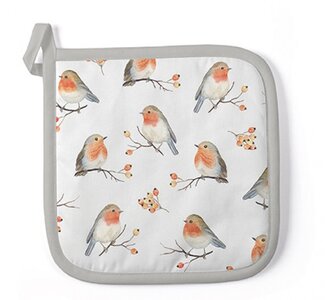 Ambiente-Pannenlap-20x20cm-ROBIN-FAMILY-Roodborstjes-Rozenbottels-grijs/bruin-band-katoen-potholder-36516805