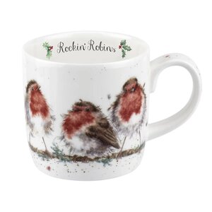 Royal Worcester beker mok ROCKIN ROBINS mug 310ml serie WRENDALE Designs rockende Roodborstjes op een winterse tak