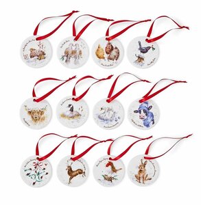 XMAS Wrendale Designs set/12 Kerstboomhangers Ø 7cm THE 12 DAYS OF CHRISTMAS carol